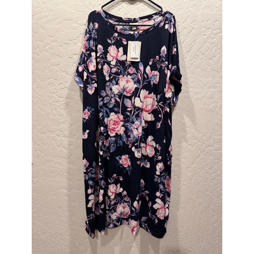 Lularoe Chelsea T-Shirt Dress Knee Length, Rolled Sleeve, Blue Floral, 3x NWT
